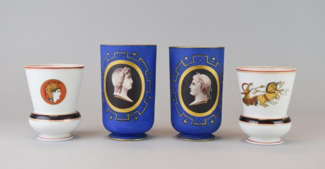 2 Pair Porcelain Vases: 2 pair of porcelain vases / cachepots or cups. Pair with white ground depicting Greco Roman scene, each 4 1/2"H; pair with blue ground and gilt and black decoration, with portraits of Napoleon and Mar