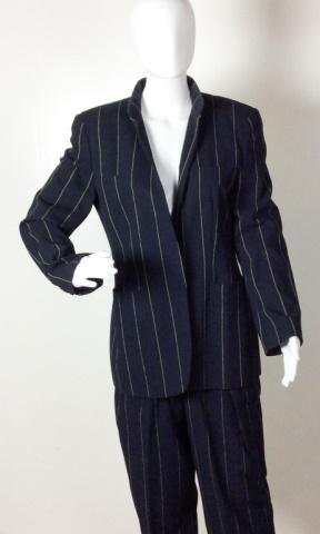 Giorgio Armani Pinstriped Pant Suit: Giorgio Armani - A Milano ~ Borgonuovo 21 - Made in Italy Two Piece Navy Pant Suit Cream Pinstriped Size 41 Single Hidden Button Jacket Front