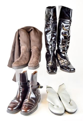 4 pairs of women's boots: 1 Marni black leather calf high boots. EU size 38 US size 8 1 Mario Rapagnani knit knee high boots . EU size 37 US size 7 1 Arche LN silver metallic leather ankle boots. EU size 38 US size 8 1 JP Tod'