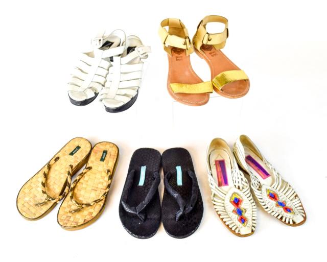 5 pairs of woman's sandals - Size 7: 1 open toe Sol Sana leather flats with ankle strap, Velcro closure, mild ware on soles, size 7 1 open toe Charles Jordan strap clogs, light ware, size 7 1 close toe Susan Bennis Warren Edwards slip on