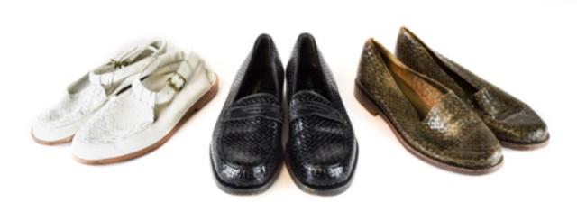 Stephane Kelian 3 pairs of woven leather shoes: made in France. Uk sizes 4-5 US sizes 6.5-7.5 White shoe with buckle and open heel. worn soles and worn insoles - size 4 black loafers, worn sole - size 4.5 olive green slip on. worn sole size 5