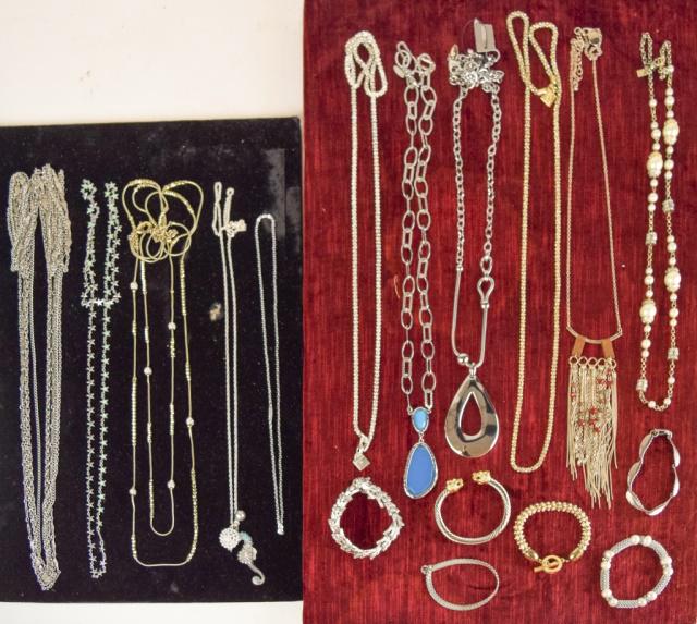 Lot of Silver and Gold Tone Jewelry: Lot includes silver tone and gold tone bracelets and necklaces, some with pendants, multi strand is 50"; Chicos (tag still attached); Banana Republic; White House Black Market; Anne Klein; Laila Rowe