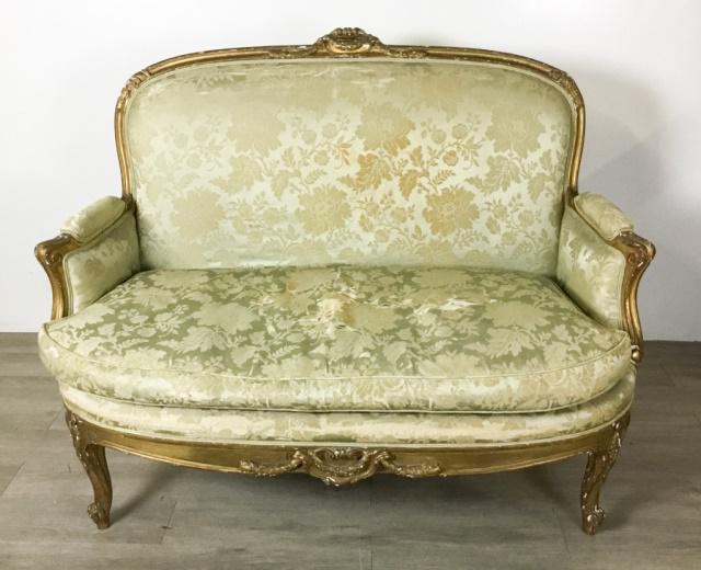 Louis XV Oval Back Gilt Wood Settee: Light green brocade upholstery. Gold gilt wood. 51"L x 28"W x 41"H