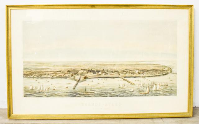 Lithograph of Buenos - Ayres: KAHLER, F.W. (19th century). Buenos-Ayres / A Vista De Pajaro. Lithograph. Hamburg, 1898. Based upon and earlier French lithograph by Sorrieu & Dulin in 1864 31" x 15" sight size.
