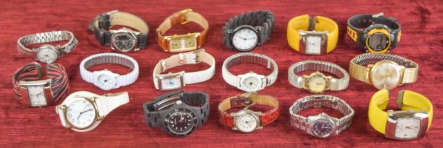 Grouping of Watches: Lot of used watches - not tested for working condition. Genuine leather (marked Hadley Roma) Guess with dual faces; yellow faux alligator Osirock (missing back plate): Ashley zebra stripe cuff watch;