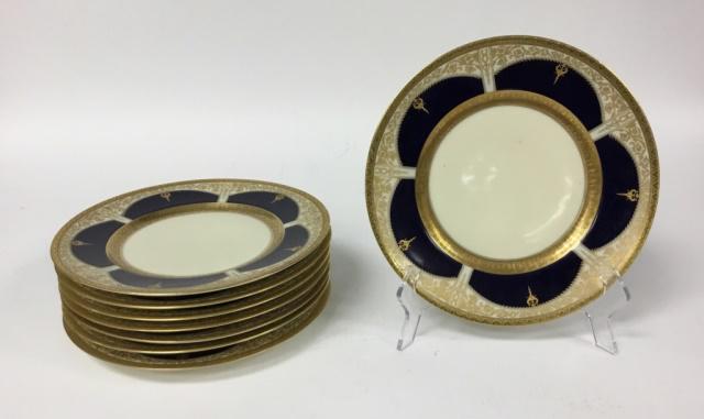 8 Hutschenreuther Cobalt & Gilt Service Plates: Hutschenreuther Bavaria German service plates, with cobalt and gilt decoration, for E.B. Lattorff, Hamburg. Each 10 1/2"-diameter