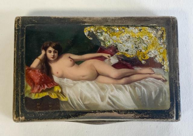 Silver & Enamel Box Reclining Nude: 935 silver box with enamel lid depicting a reclining nude. Losses to enamel in upper right corner. Stamped on edge of lid 935. 4 ozt, 3 1/4" x 2 1/4"