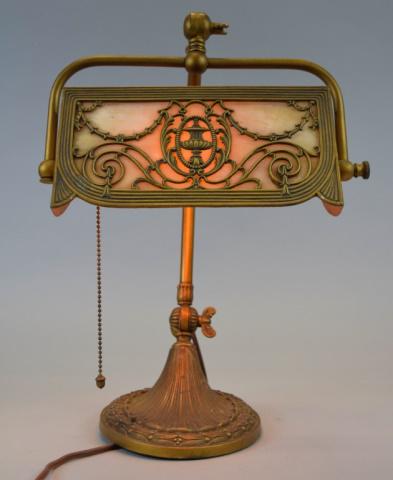 Gilt Metal Banker's Lamp with Slag Glass Shade (1 of 8)