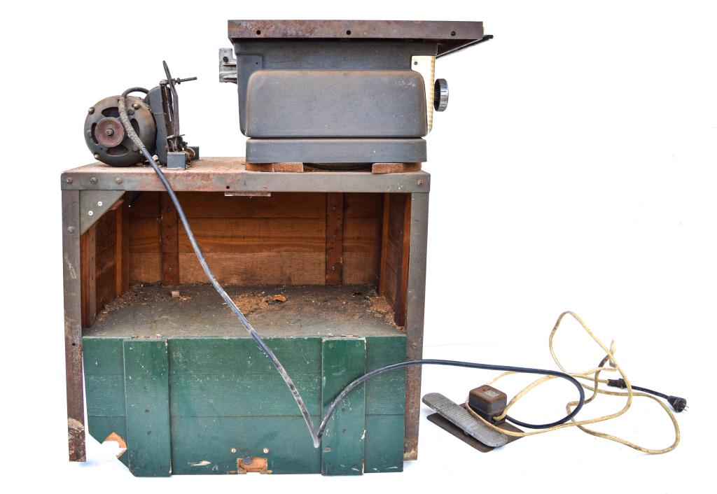 Craftsman Table Saw: 27"W x 30"L x 38 3/4"H. Model number 103.23831. With Craftsman by King-Seeley Corporation and Craftsman Sears Roebuck and Co. USA metal labels. Circa 1950s