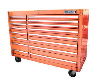 Matco MB 1320 Advantage Rollaway Tool Box: 40"H x 51"L x 20"W. On wheels, with wooden top, orange color. Matco MB1320 Advantage Rollaway Cabinet Fifteen Drawers label with serial number. Dents, scratches, wear and paint loss.