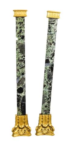 2 Granite Columns with Gold Base / Top: 2 Granite Columns with Gilded Base / Top 32" H X 5" W X 2 1/2" D