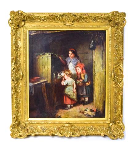 William Hemsley Oil on Canvas Mother & Children: William Hemsley (English, 1819-1906). Oil on canvas a mother and children with rabbits. Signed along the bottom edge William Hemsley. 19" x 16 1/2"