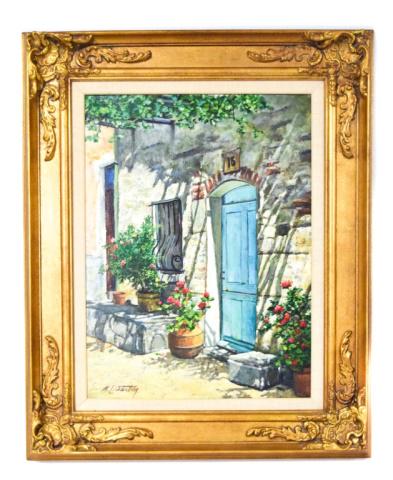 Manes Lichtenberg Oil on Canvas Blue Door: Manes Lichtenberg (American, 1920-2009). Oil on canvas house with blue door. Signed lower left M. Lichtenberg. 24" x 17 1/2"