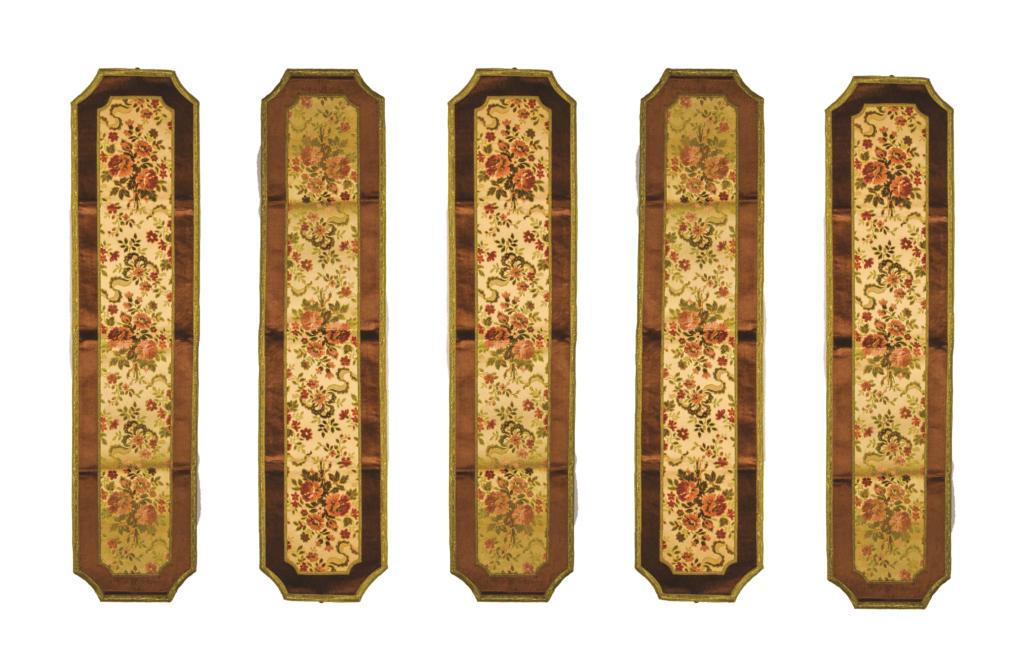 5 Brocade Table Runners: Originally used on the buffet at the Manor. 66 1/2" x 16". Some light staining and wear from use.