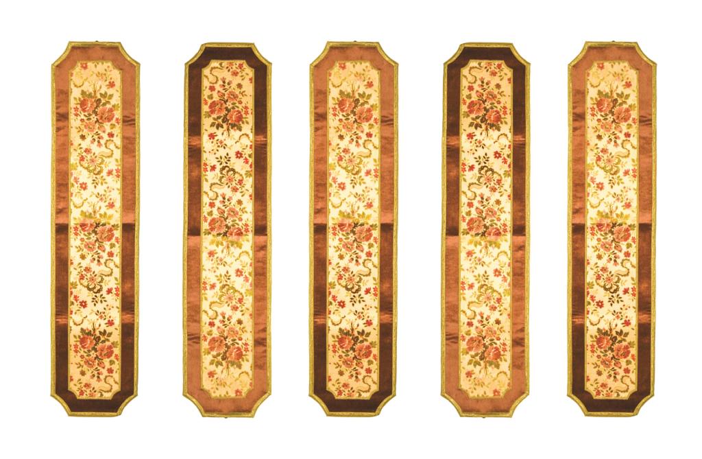 5 Brocade Table Runners: Originally used on the buffet at the Manor. 66 1/2" x 16". Some light staining and wear from use.