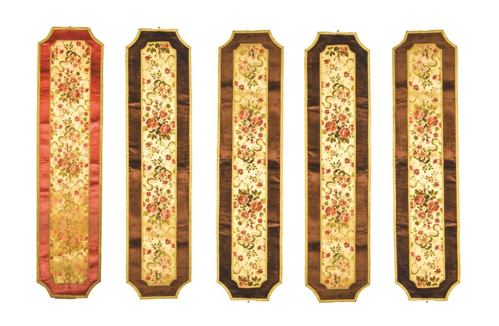 5 Brocade Table Runners: Originally used on the buffet at the Manor. 66 1/2" x 16". Some light staining and wear from use.