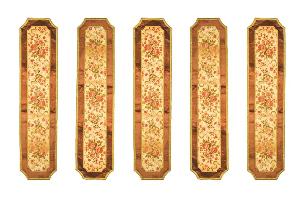 5 Brocade Table Runners: Originally used on the buffet at the Manor. 66 1/2" x 16". Some light staining and wear from use.
