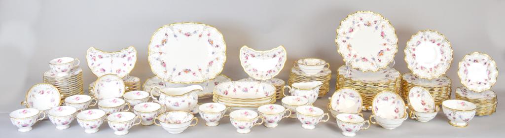 118 Pieces Royal Crown Derby Royal Antoinette: 118 piece set of Royal Crown Derby porcelain dinnerware in the Royal Antoinette pattern. A full service for 12, plus additional pieces. 15 dinner plates, 14 salad plates, 13 bread & butter plates, 15 