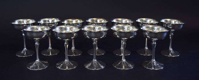 12 Bernard Rice's Sons Silverplate Champagnes: 12 hand hammered silverplate champagne coupes by Bernard Rice's Sons Inc. Each 4 1/2"H