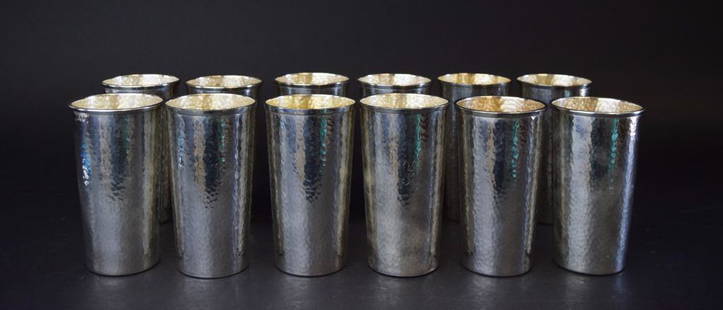 12 Bernard Rice's Sons Silverplate Highballs: 12 hand hammered silverplate highball glasses by Bernard Rice's Sons Inc. Each 5 1/4"H