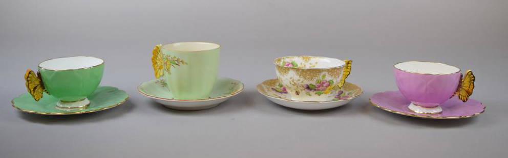 4 Aynsley Butterfly Tea Cups & Saucers: Largest cup 3"H. Chip on butterfly wing of floral cup