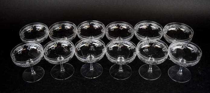 12 Embossed Crystal Sherbets: With floral embossing. Each 4"H. Minor rim chips