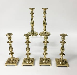 Group of 6 Brass Queen Anne Candlesticks: Pair, with round bases, each 11"H; set of 4, with square bases, each 10 3/4"H. Minor wear