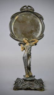 Figural Art Nouveau Dressing Mirror: With dragonfly motif at base. 19 1/2"H