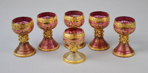 6 Pieces Bohemian Stemware: Red glass with gilt decoration and punti. Each 4 1/4"H