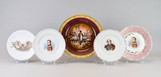 Grouping of Austrian & Czech Porcelain Plates: 5 Austrian & Czech porcelain plates. Viribus unitis plate, 7"-diameter; a pair of Victoria Carlsbad portrait plates Napoleon, signed Ferrier & Louis XV, each 7 1/2"-diameter; Victoria Carlsbad