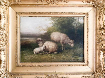 Oil on Canvas Family of Sheep - By George Riecke: Painting - Oil on Canvas - Family of Sheep Grazing - By George Riecke - 1887 - 1902 - In Original Frame Site Size: 14" L X 10" H Frame: 20" X 16"