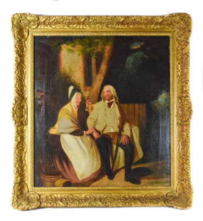 Attributed to Thomas Webster Oil on Canvas: Attributed to Thomas Webster (English, 1800-1886). Oil on canvas Man and Woman in the Garden, c. 1830. Unsigned, with info on verso. 21 1/2" x 19 1/2"