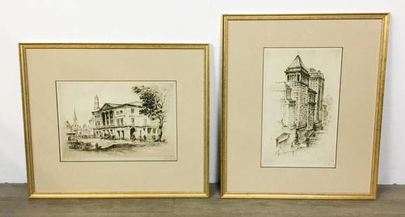 2 Anton Schutz NYC Etchings: Anton Schutz (American, 1894-1977). From the series Three Hundred Years of New York. Both pencil signed and marked fec. et imp. # 22, one with info on verso. Financial District, 12 1/4" x 7 1/2"; Wall