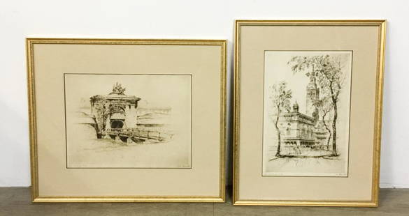 2 Anton Schutz NYC Etchings: Anton Schutz (American, 1894-1977). From the series Three Hundred Years of New York. Both pencil signed and marked fec. et imp. # 22, one with info on verso. Fort Jay at Governor's Island, 9" x 12"; M