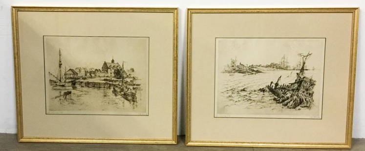 2 Anton Schutz NYC Etchings: Anton Schutz (American, 1894-1977). From the series Three Hundred Years of New York. Both pencil signed and marked fec. et imp. # 22, one with info on verso. New York 1675, 9 1/4" x 11 3/4"; New York