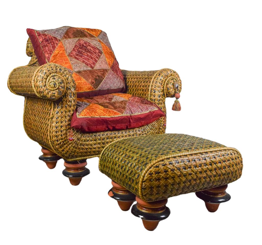 Mackenzie Childs Rattan Arm Chair and Footstool (1 of 14)
