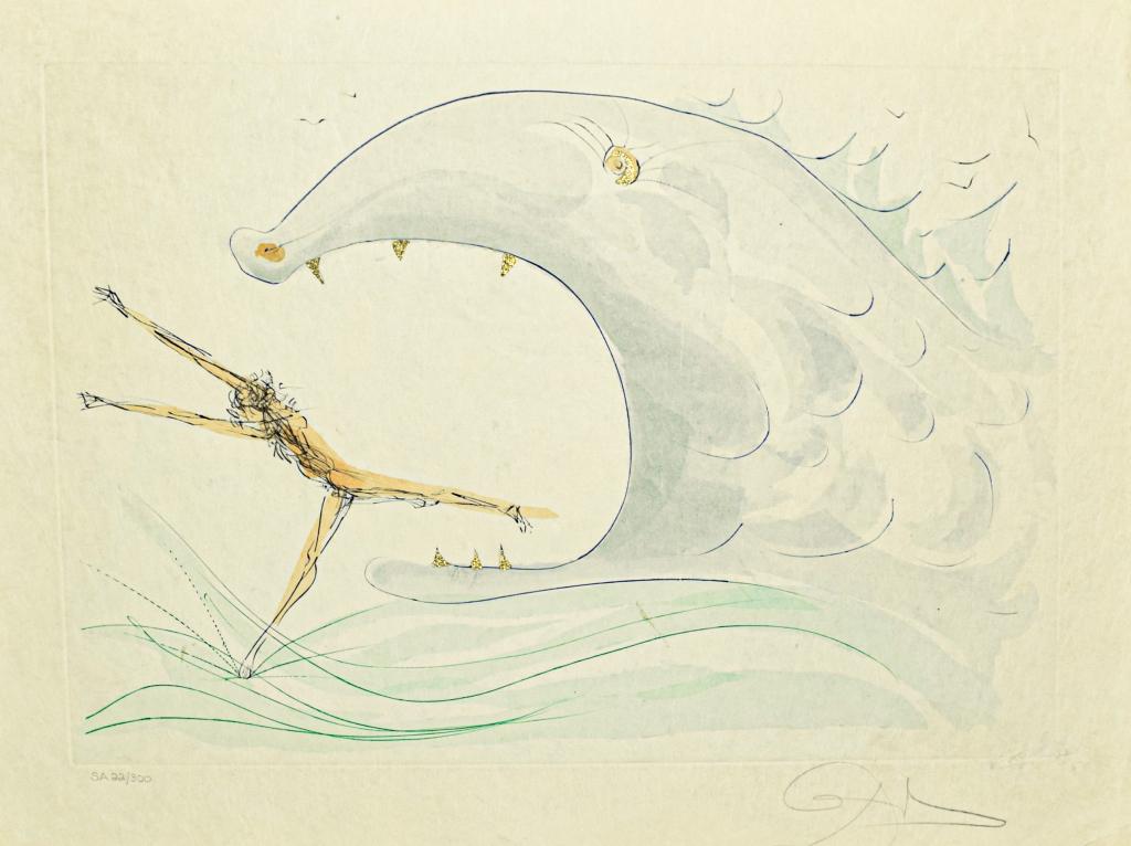 Salvador Dali Etching Jonah and the Whale: This piece has not been authenticated but it is, in our opinion, in the style of Salvador Dali. Salvador Dali (Spanish, 1904-1989). Unframed etching with gold leaf embellishment Jonah and the Whale, f
