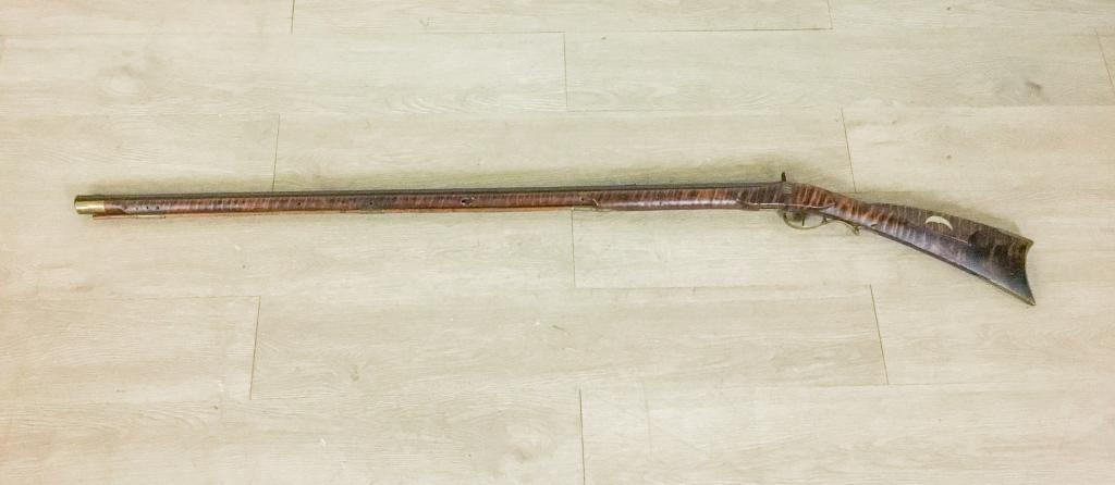 Tiger Maple Pennsylvania Kentucky Rifle: Huntingdon County Pennsylvania Kentucky rifle stamped on top of octagonal barrel "J.F." Lock plate decorated with dogs hunting pheasants. 42 1/4" barrel length 57" total length.