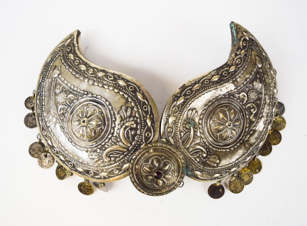 Mid-19th Century Greek Buckle: 2 teardrop forms, with 1 jewel in center and 21 drachma charms - most dated 1830s. Wear and tarnish to buckle and coins. Approximately 14"L total