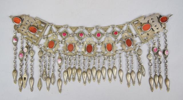Silver & Carnelian Chest Piece or Collar: Unmarked. 13"L. Minor dents and bends, wear consistent with age.
