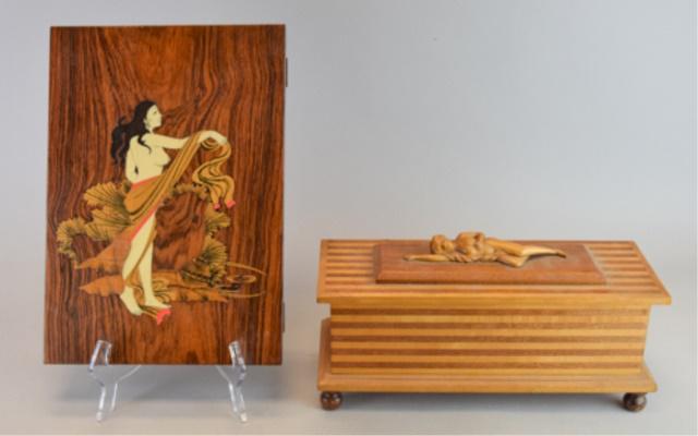 Wooden Decorative Items: Wooden box with carved reclining nude top, 13 1/2"L x 5"D x 6 1/2"H; wooden plaque with wood and bone inlaid portrait of a woman, 13 3/4" x 9 1/2". Some cracks to wood inlays.