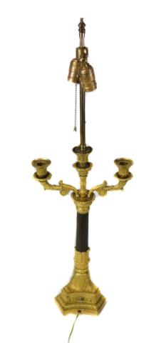 Gilt Bronze Ebonized Candelabra Lamp: Gilt Bronze Ebonized Candelabra Lamp with 2 Candle Arms, Surrounding a Central Electrical Socket with 2 Lights Overall Height: 33 1/2" X 10 1/2" W