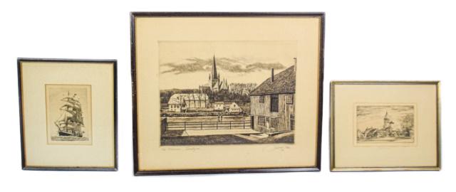 Group of Etchings: A group of three etchings, including "Ceignac" by John Taylor Arms (signed in lower right margin) a sailing ship by Joseph Coriza, (signed in pencil in lower margin), and a scene of a Norwegian town b