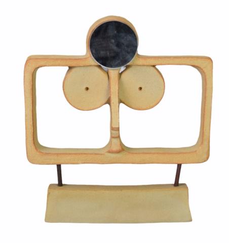 David Gil Bennington Pottery Doctor Sculpture: David Gil (American, 1922-2002). Pottery sculpture of a doctor, with mirrored head mirror, metal supports and pottery base. Numbered on the reverse 1S32, initialed DG and marked Bennington Pottery, Be