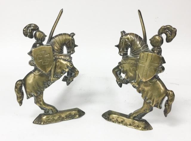 Pair of Bronze Andirons Knights on Horseback: 14"H npu-rl