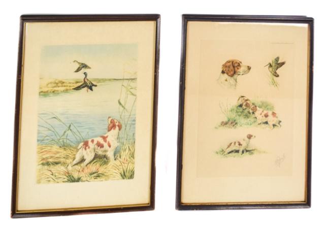 Pair of Boris Riab Etchings: Boris Riab (Russian, 1898-1975). A pair of colored etchings, one depicting game dogs scouting a rabbit and bird, and another with a game dog looking at fleeing waterfowl on a river bank. Signed on the