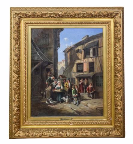 Carlo Rossi Oil on Canvas Village Scene: Carlo Rossi (Italian, 1775-1849). Oil on canvas rat catcher village scene. Signed lower right Carlo Rossi. 25" x 20 1/2". Minor losses to gilt frame, crazing throughout, 2 1/2" tear near top of buildi