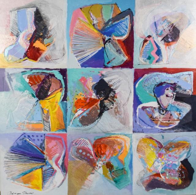 Calman Shemi Oil on Canvas Stone Cuts: Calman Shemi (Argentine/Israeli, 1939). Modern abstract oil on canvas. Signed lower left Calman Shemi, and signed and titled Stone Cuts on verso. 55 1/4" x 55 1/4"