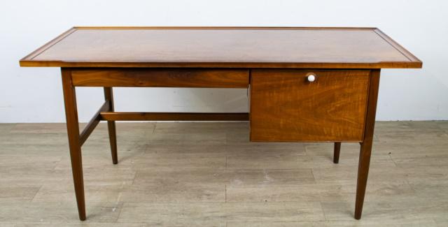 Kip Stewart Desk For Drexel Declaration: Kipp Stewart (Pittsburgh 1928-2003) Desk for Drexel Declaration line. 881-100 Desk. 1950's Mid Century desk with one drawer, white porcelain pulls. Light wear throughout. 60" x 29" x 24"