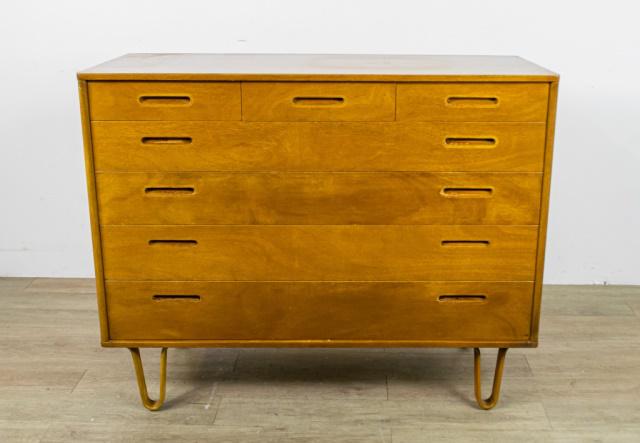 Edward Wormley for Dunbar Modern Dresser: Edward Wormley (American, 1907-1995) for Dunbar Furniture. Mid-century modern chest of drawers on bentwood legs. No visible maker's mark. 3 drawers over 4 drawers. Wear to drawer pulls. Repairs to fee